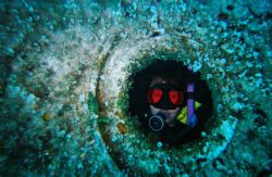 Paula peers from a porthole on the wreck of the Soviet De... by Chris Smith 